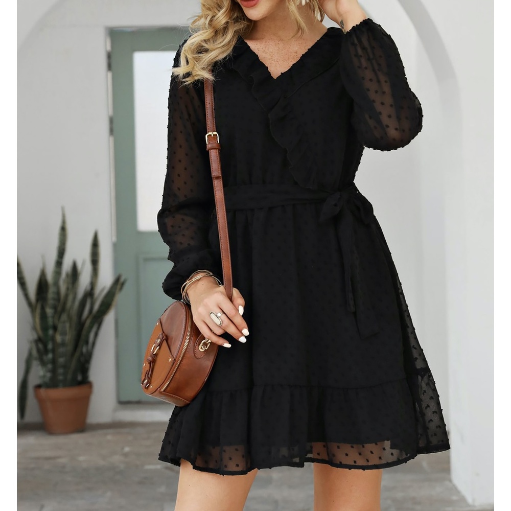 Black Swiss Dot Sheer Sleeves Ruffle Belted Dress - Picture 1 of 10